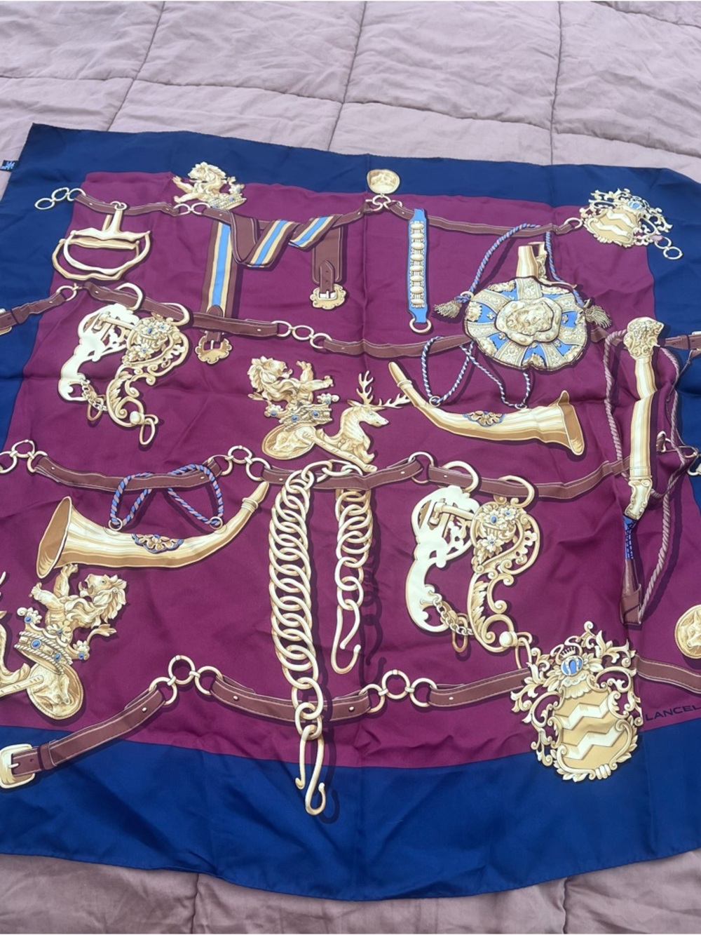 LANCEL Burgundy & Navy Silk Italian Made Decorative Scarf